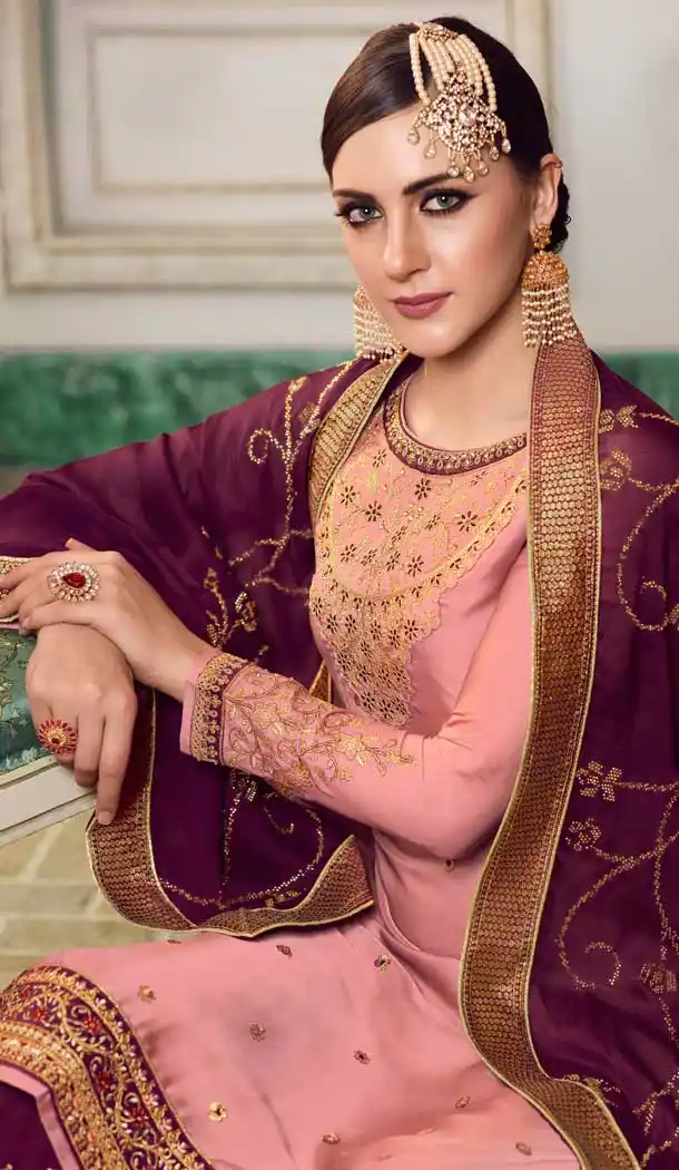 Peach Color Modal Satin Silk Deisnger Pakitani Palazzo Suit -726189910