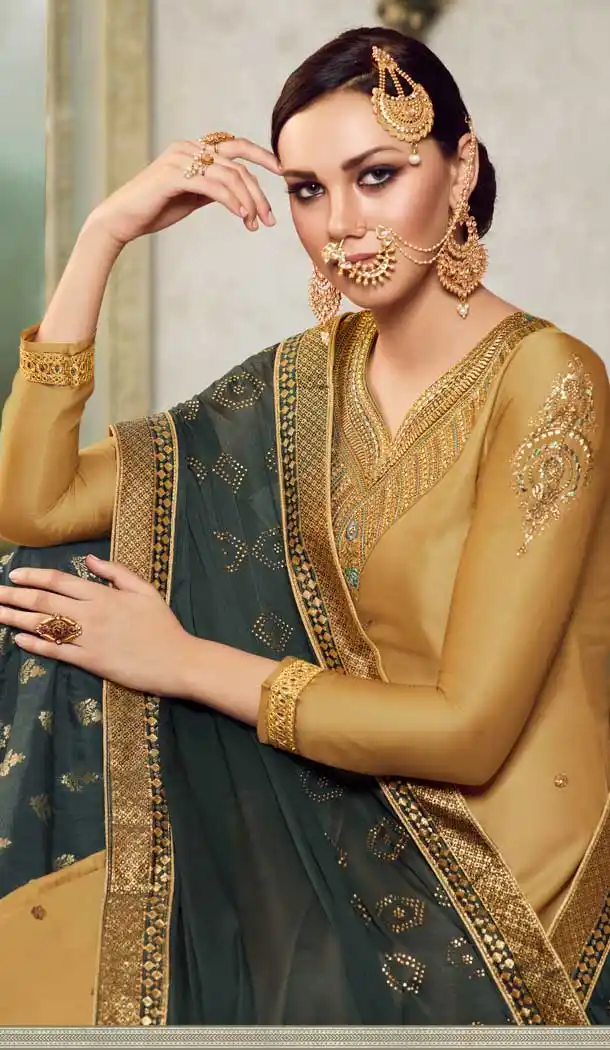 Golden Color Modal Satin Silk Deisnger Pakitani Palazzo Suit -726189911