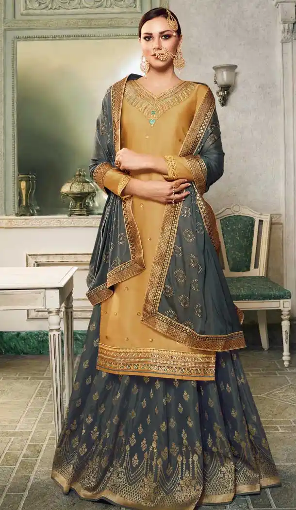 Golden Color Modal Satin Silk Deisnger Pakitani Palazzo Suit -726189911