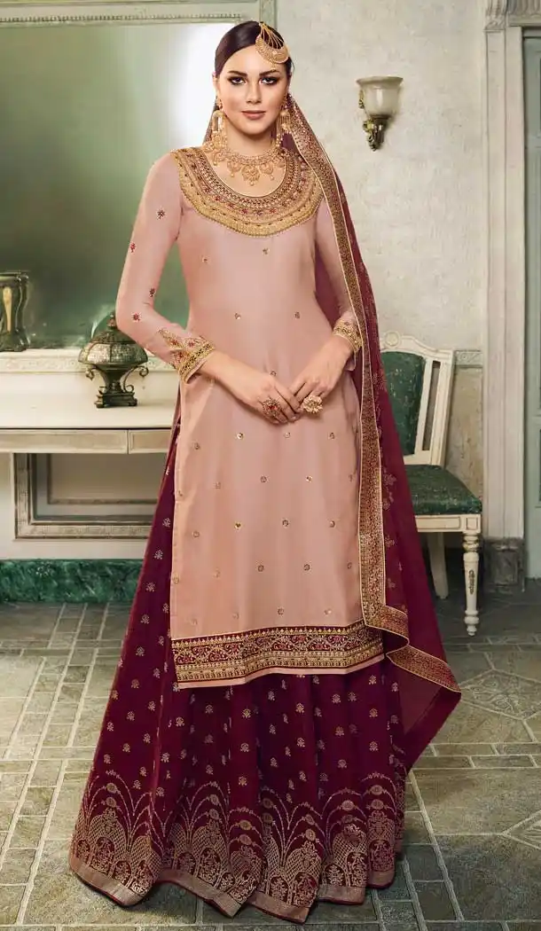 Baby Pink Color Modal Satin Silk Deisnger Pakitani Palazzo Suit -726189912