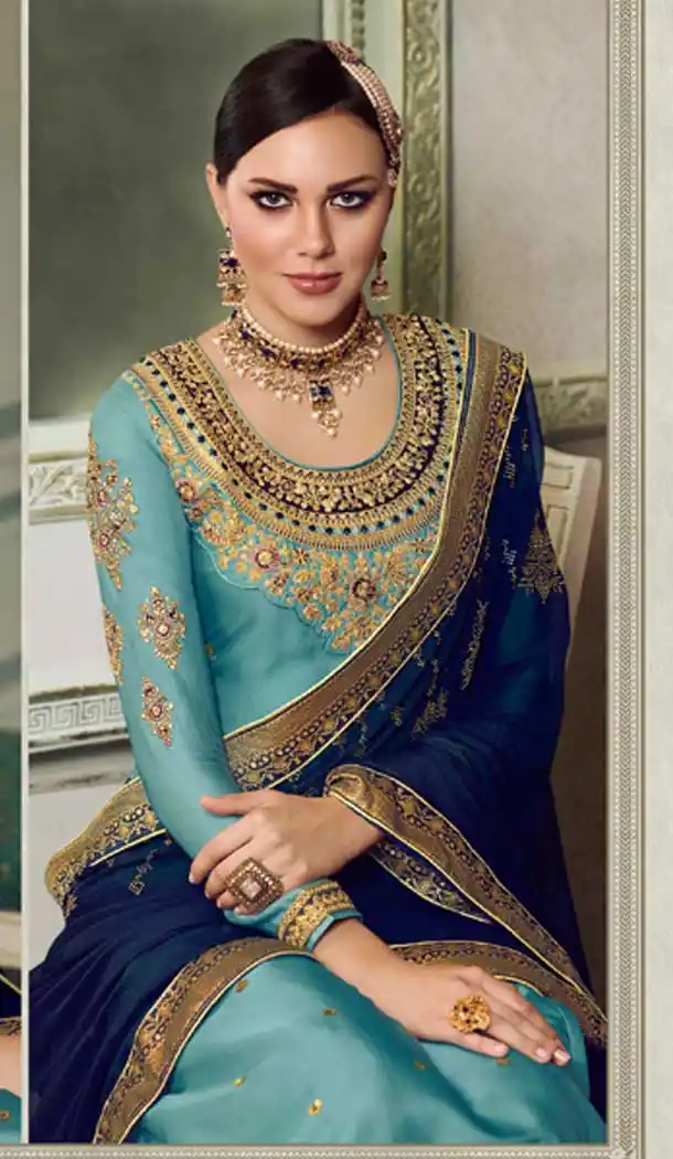 Sky Blue Color Modal Satin Silk Deisnger Pakitani Palazzo Suit -726189913