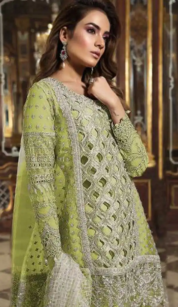 Pista Green Color Heavy Net Designer Pakistani Plus Size Palazzo Suits -726689957