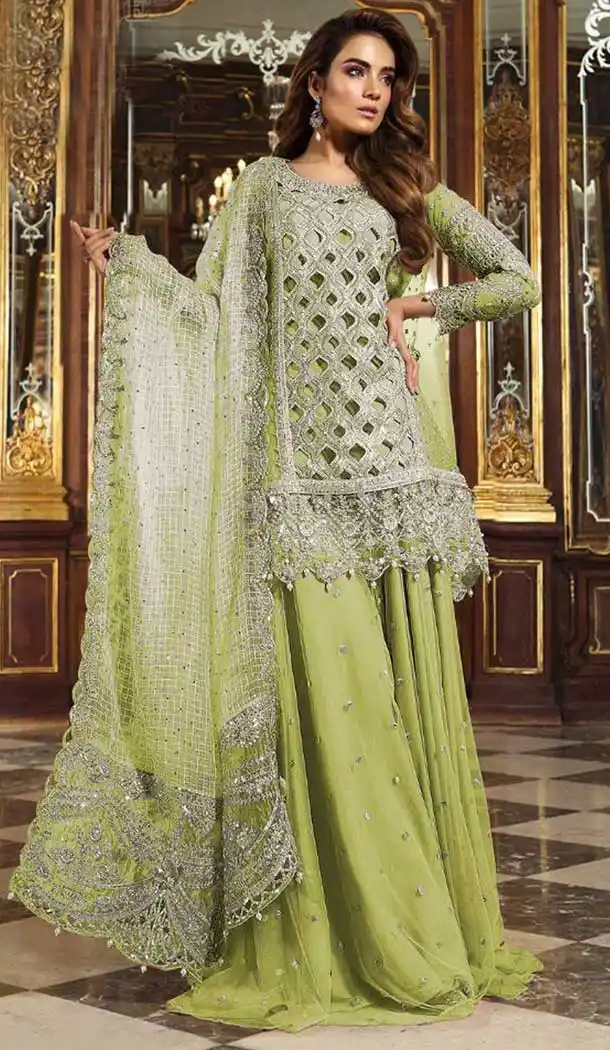 Pista Green Color Heavy Net Designer Pakistani Plus Size Palazzo Suits -726689957