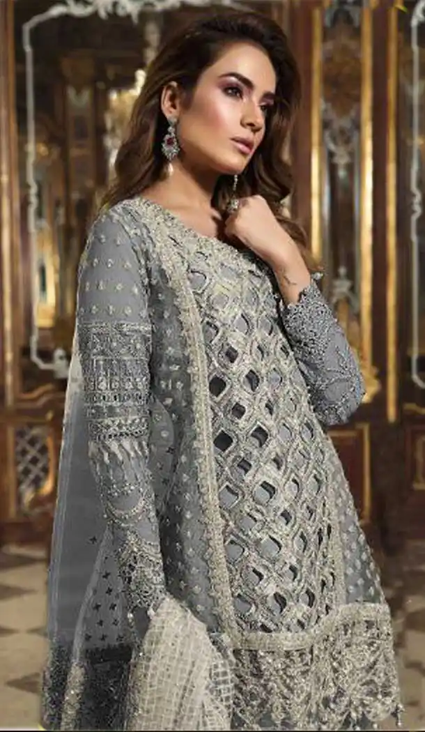 Grey Color Heavy Net Designer Pakistani Plus Size Palazzo Suits -726689959