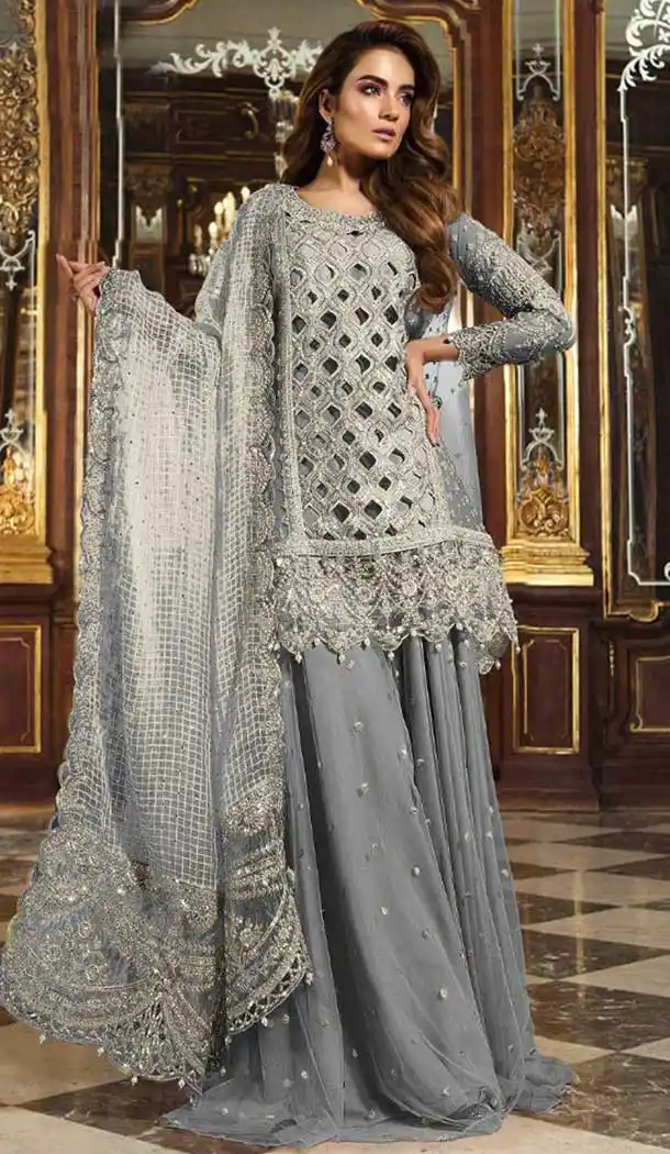 Grey Color Heavy Net Designer Pakistani Plus Size Palazzo Suits -726689959