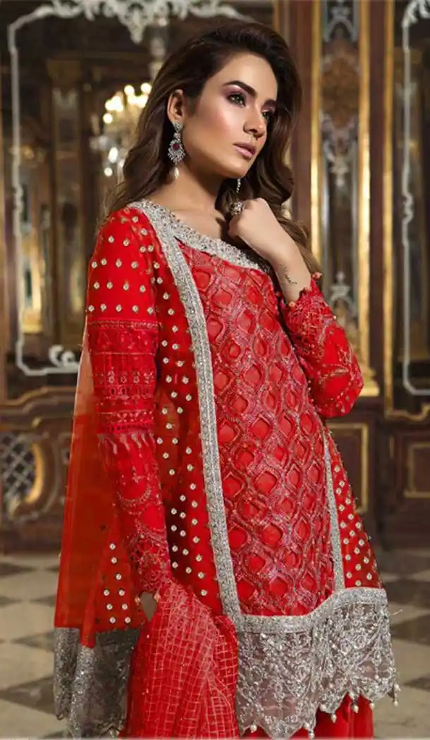 Red Color Heavy Net Designer Pakistani Plus Size Palazzo Suits -726689960