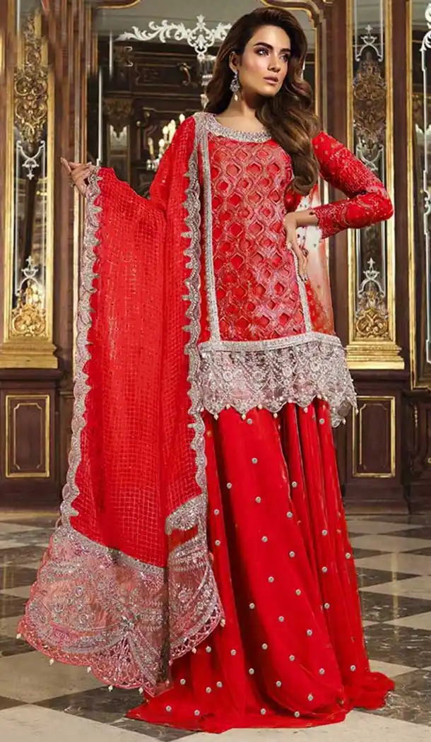 Red Color Heavy Net Designer Pakistani Plus Size Palazzo Suits -726689960
