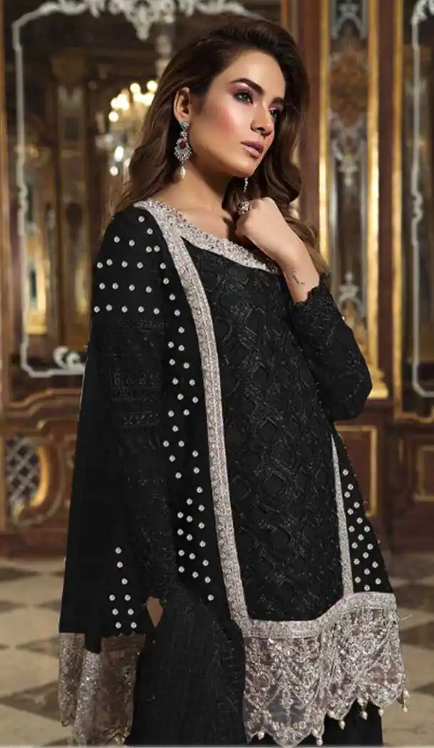Black Color Heavy Net Designer Pakistani Plus Size Palazzo Suits -726689961
