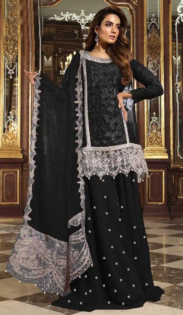 Black Color Heavy Net Designer Pakistani Plus Size Palazzo Suits -726689961