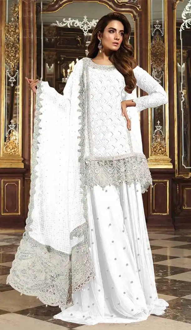 White Color Heavy Net Designer Pakistani Plus Size Palazzo Suits -726689962