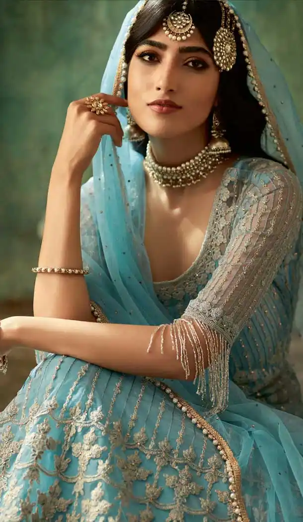 Sky Blue Color Net Heavy Embroidery Designer Wear Lehenga Suit -727089984