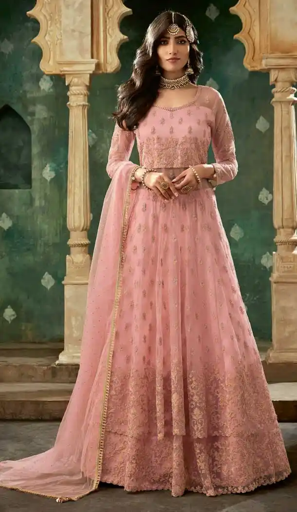 Peach Color Net Heavy Embroidery Designer Wear Lehenga Suit -727089985