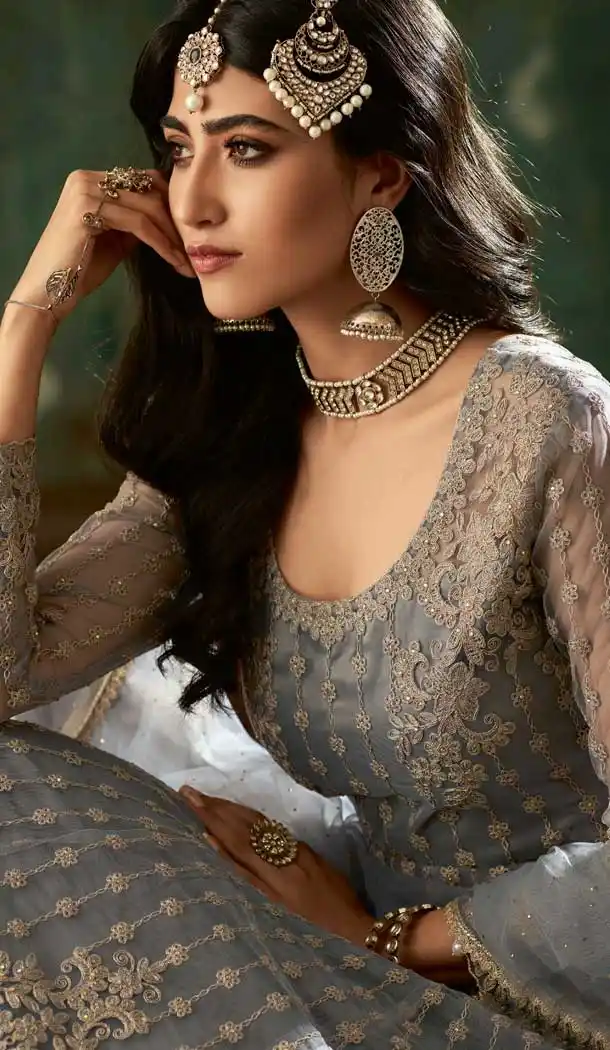 Grey Color Net Heavy Embroidery Designer Wear Lehenga Suit -727089986