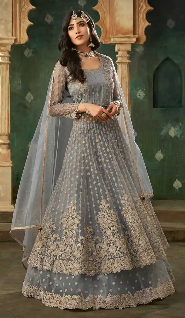 Grey Color Net Heavy Embroidery Designer Wear Lehenga Suit -727089986