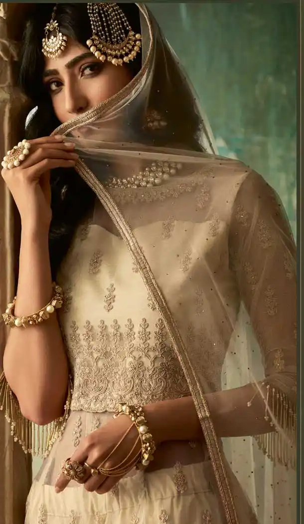 Cream Color Net Heavy Embroidery Designer Wear Lehenga Suit -727089987