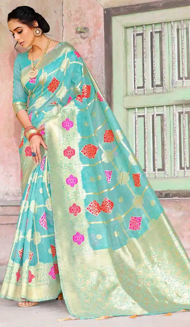 Sky Blue Color Weaving Zari Silk Traditional Wear Saree Blouse -727290002