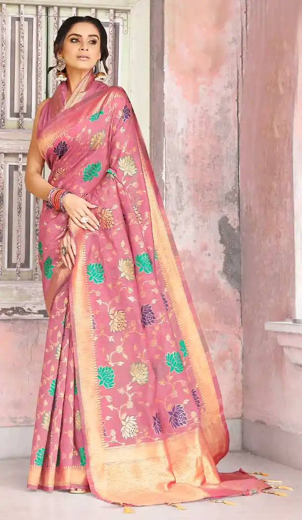 Coral Pink Color Weaving Zari Silk Traditional Wear Saree Blouse -727290003