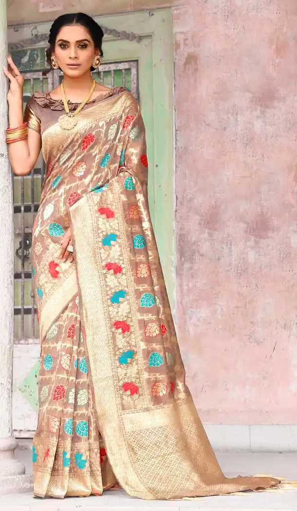 Tan Brown Color Weaving Zari Silk Traditional Wear Saree Blouse -727290008