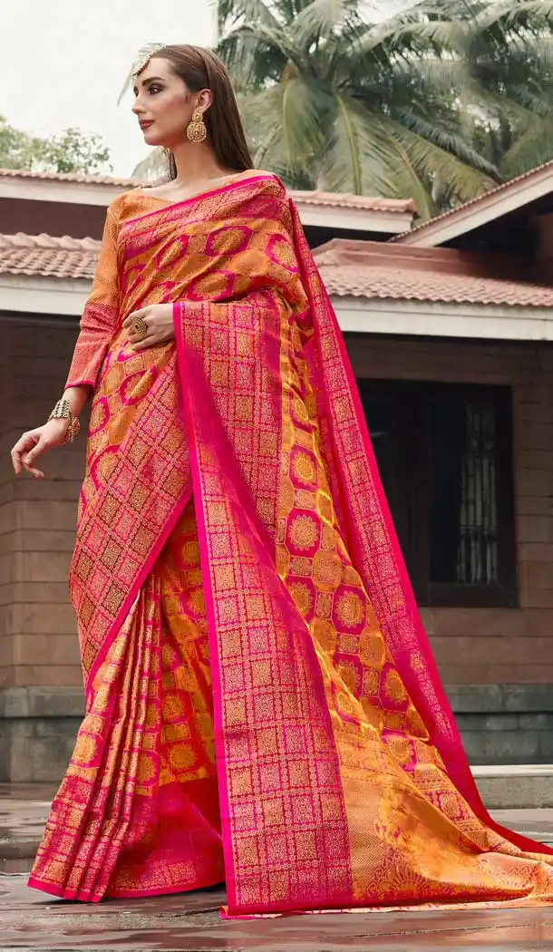 Mustard Pink Color Pure Zari Weaving Silk Traditional Wear Saree Blouse -727390009