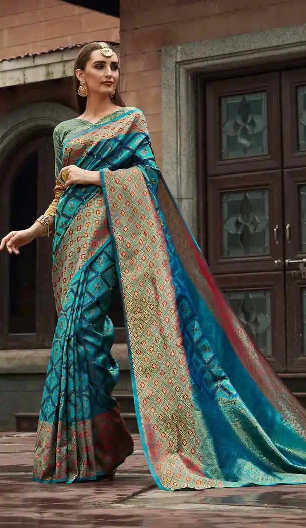 Sky Blue Color Pure Zari Weaving Silk Traditional Wear Saree Blouse -727390010