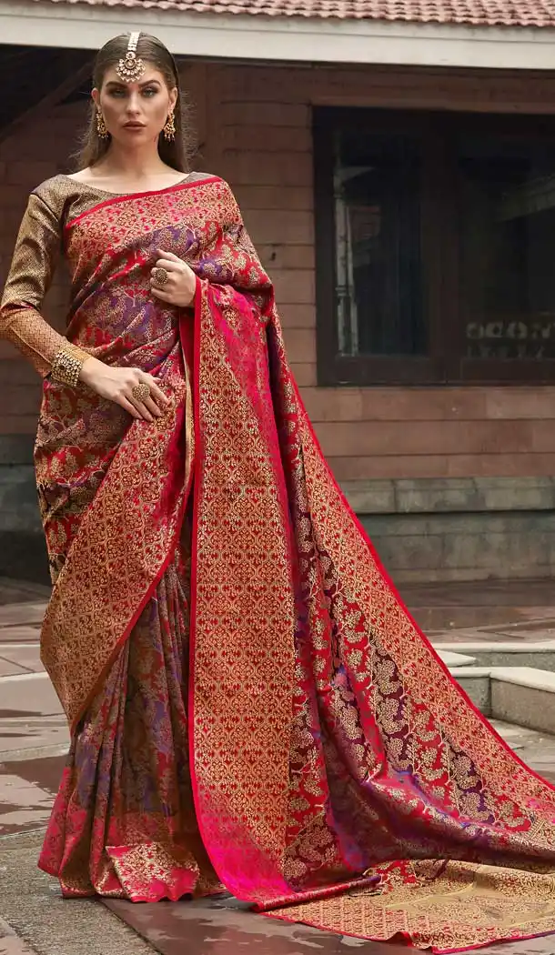 Purple Pink Color Pure Zari Weaving Silk Traditional Wear Saree Blouse -727390011