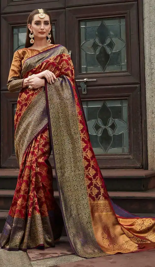 Maroon Color Pure Zari Weaving Silk Traditional Wear Saree Blouse -727390012