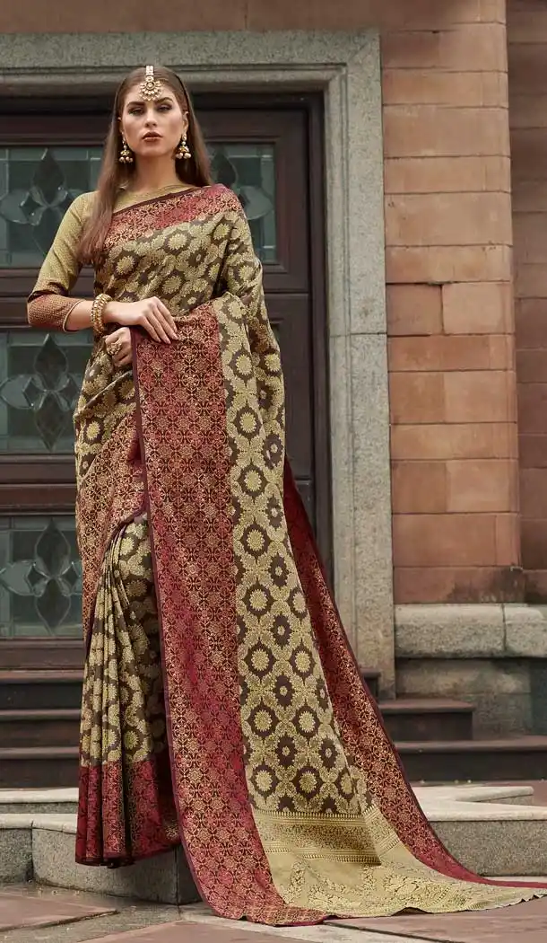 Multi Color Pure Zari Weaving Silk Traditional Wear Saree Blouse -727390014