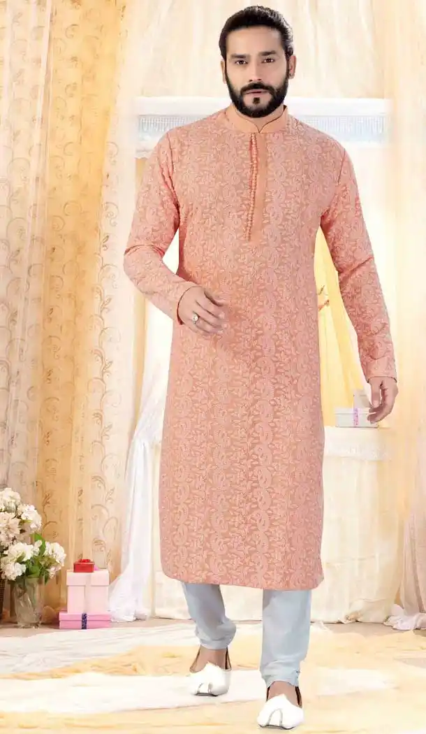 Peach Color Georgette Lucknowi Designer Mens Readymade Kurta Pajama -728390149