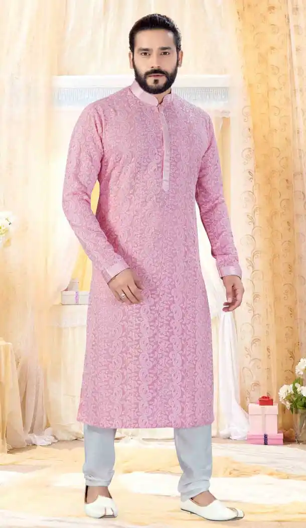 Pink Color Georgette Lucknowi Designer Mens Readymade Kurta Pajama -728390150