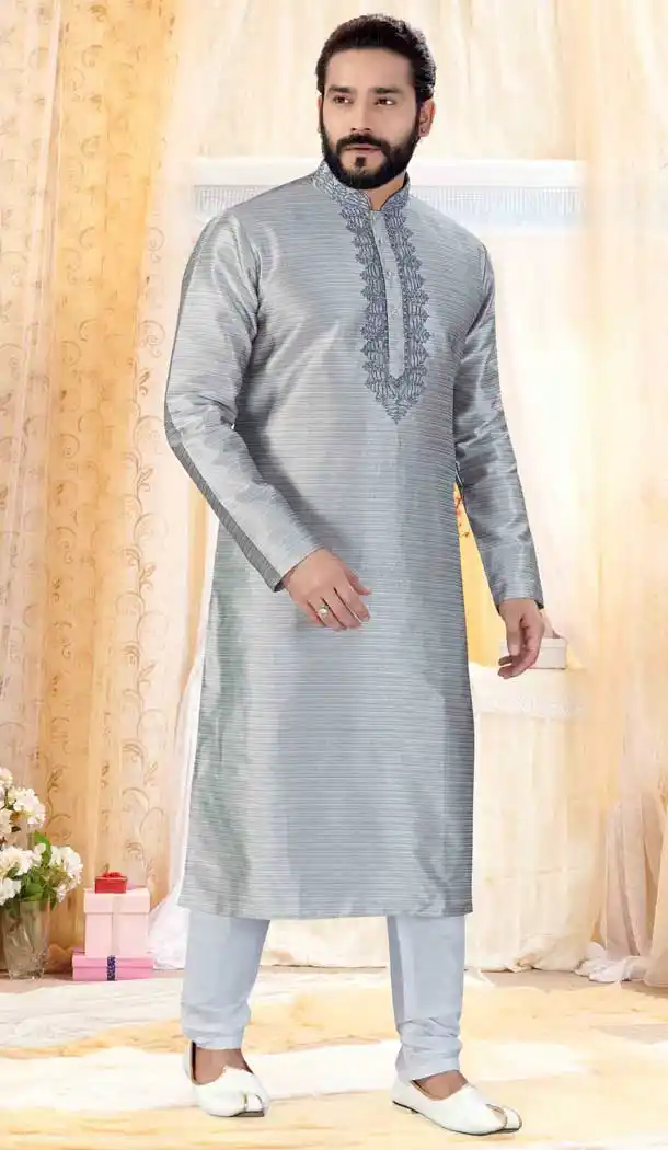 Grey Color Nano Silk Designer Mens Readymade Kurta Pajama -728390151