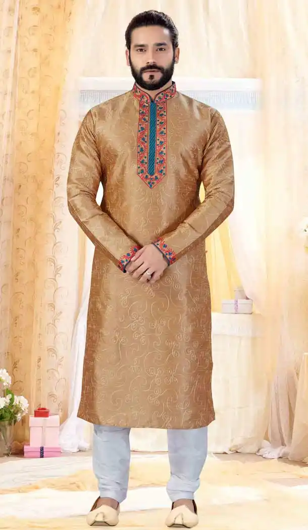 Chikkoo Color Art Silk Designer Mens Readymade Kurta Pajama -728390153