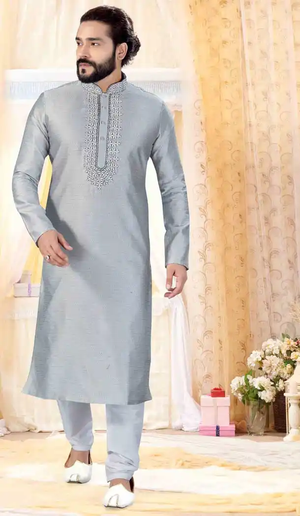 Grey Color Jacquard Designer Mens Readymade Kurta Pajama -728390154