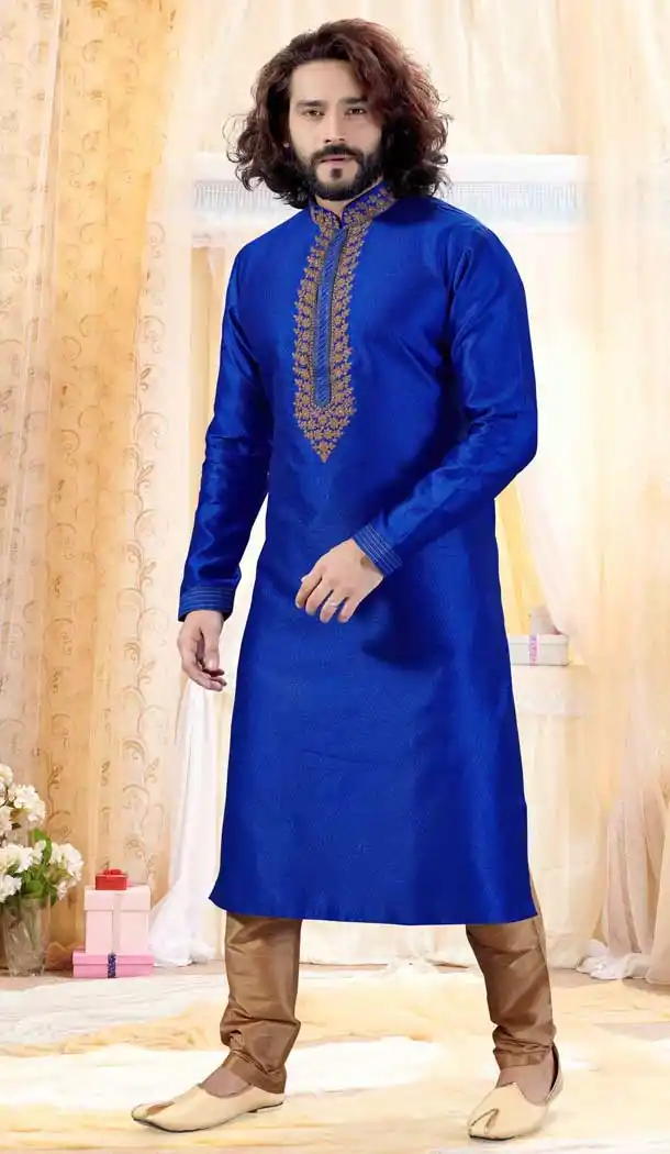 Royal Blue Color Jacquard Designer Mens Readymade Kurta Pajama -728390159
