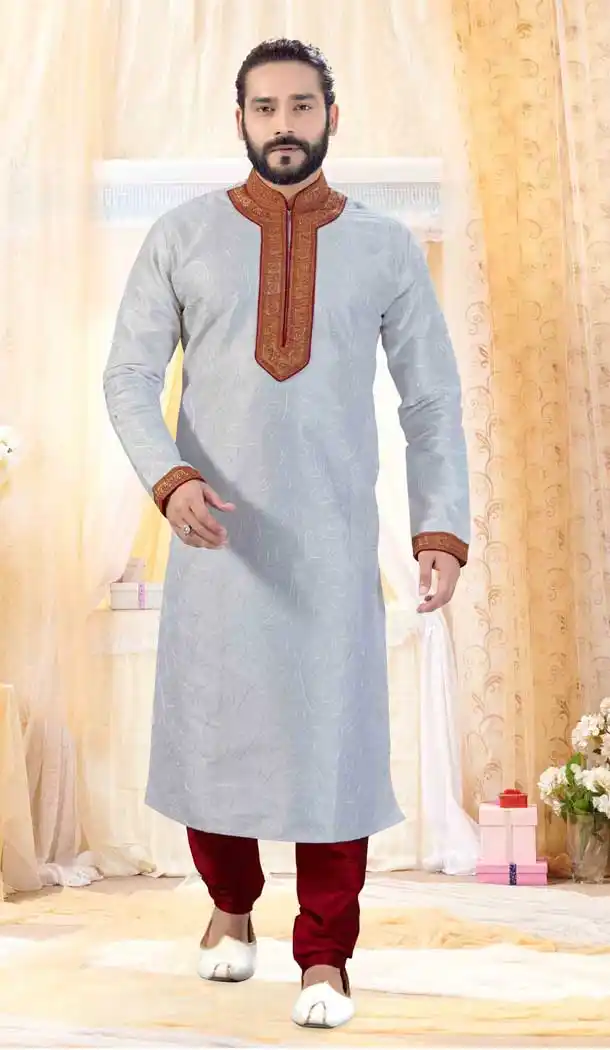 Off White Color Art Silk Designer Mens Readymade Kurta Pajama -728390160