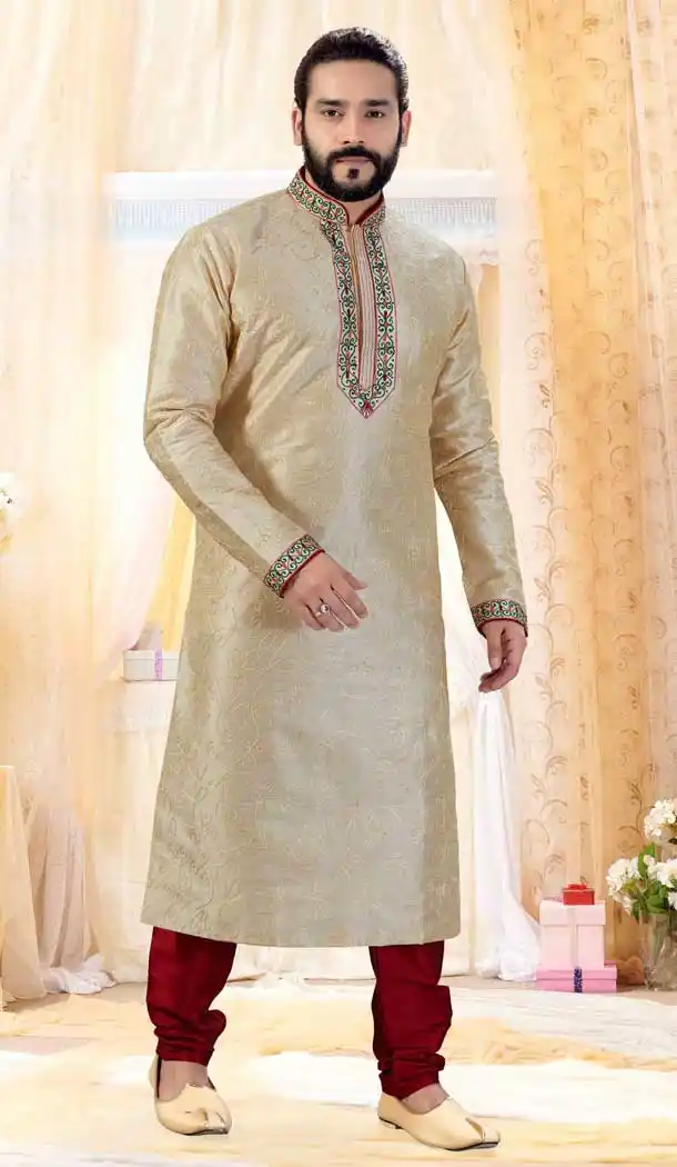 Gold Color Art Silk Designer Mens Readymade Kurta Pajama -728390162
