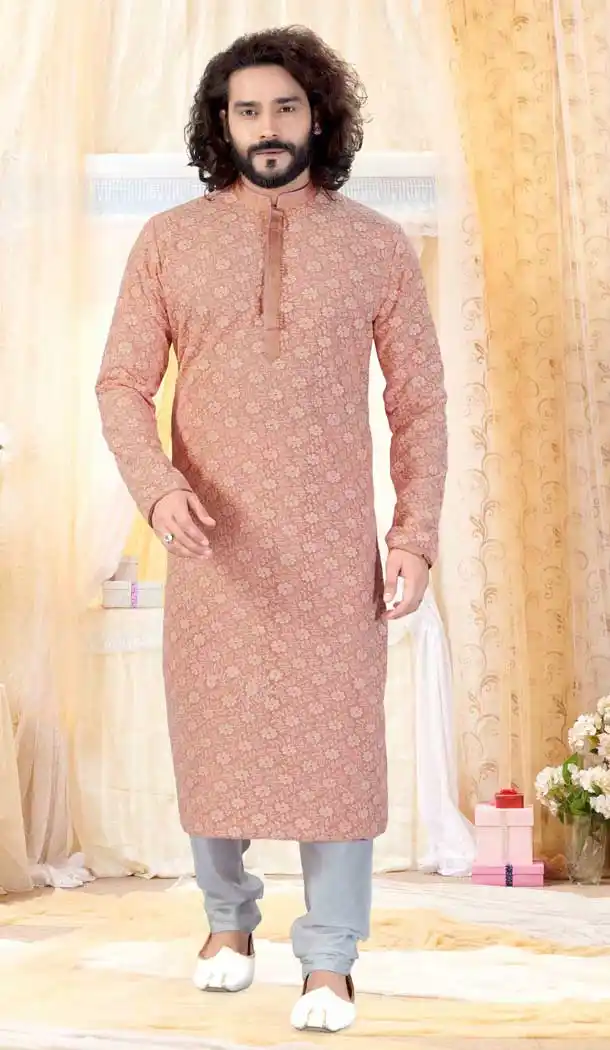 Peach Color Georgette Lucknowi Designer Mens Readymade Kurta Pajama -728390168
