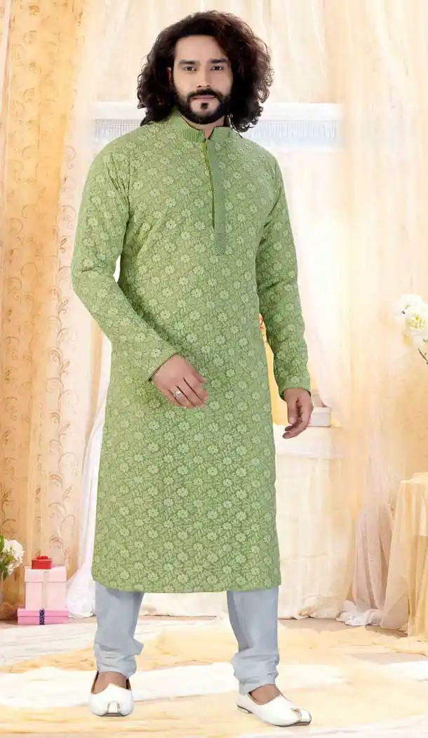 Light Green Color Georgette Lucknowi Designer Mens Readymade Kurta Pajama -728390169