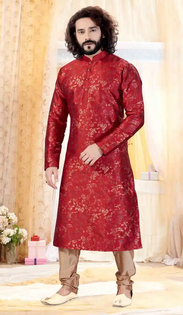Red Color Printed Silk Designer Mens Readymade Kurta Pajama -728390171