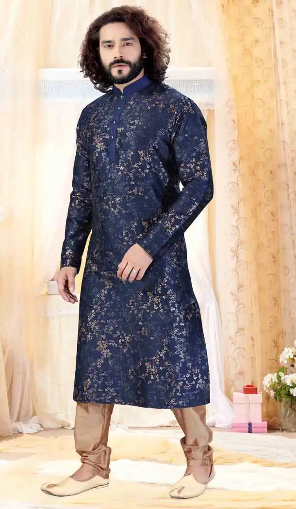 Navy Blue Color Printed Silk Designer Mens Readymade Kurta Pajama -728390172
