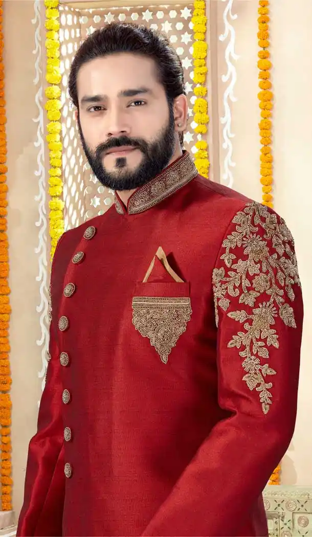 Contemporary Maroon Color Silk Designer Indo Western Mens Sherwani -731690559