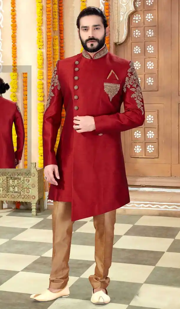Contemporary Maroon Color Silk Designer Indo Western Mens Sherwani -731690559
