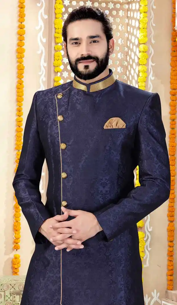Navy Blue Color Jacquard Silk Designer Indo Western Mens Sherwani -731690560