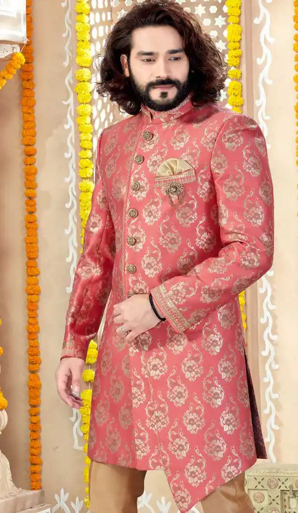 Gleaming Pink Color Banarasi Silk Designer Indo Western Mens Sherwani -731690561