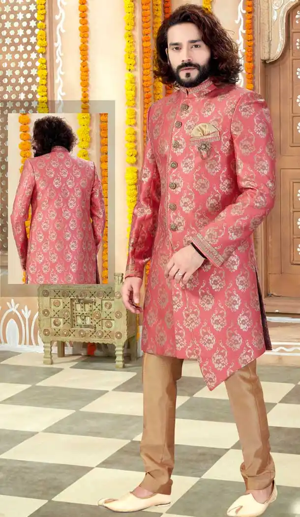 Gleaming Pink Color Banarasi Silk Designer Indo Western Mens Sherwani -731690561