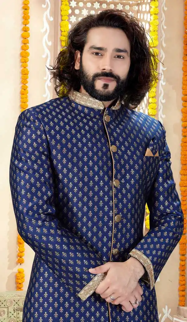 Navy Blue Color Printed Art Silk Designer Indo Western Mens Sherwani -731690562