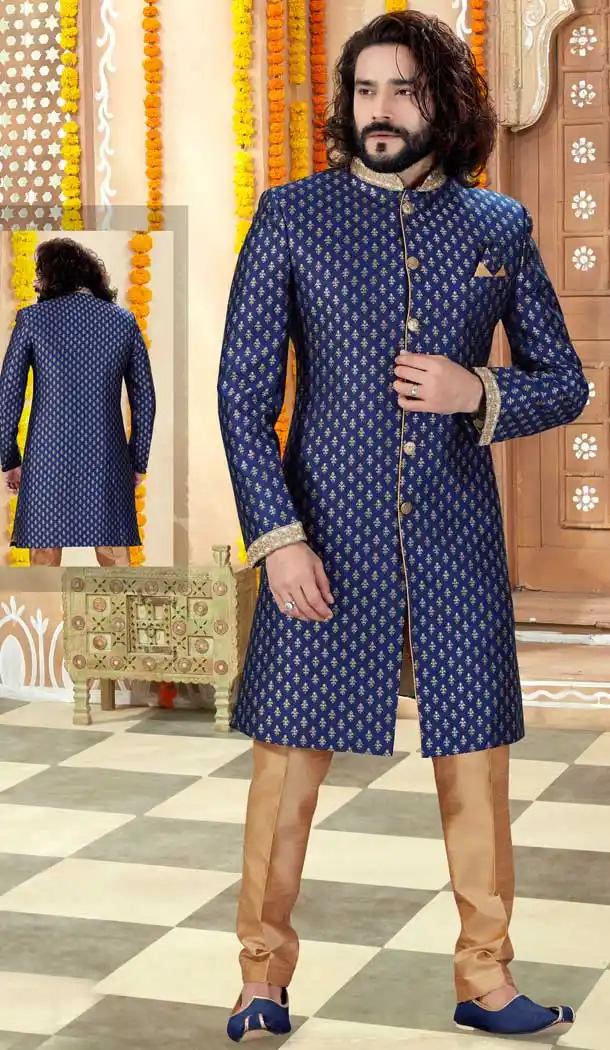 Navy Blue Color Printed Art Silk Designer Indo Western Mens Sherwani -731690562