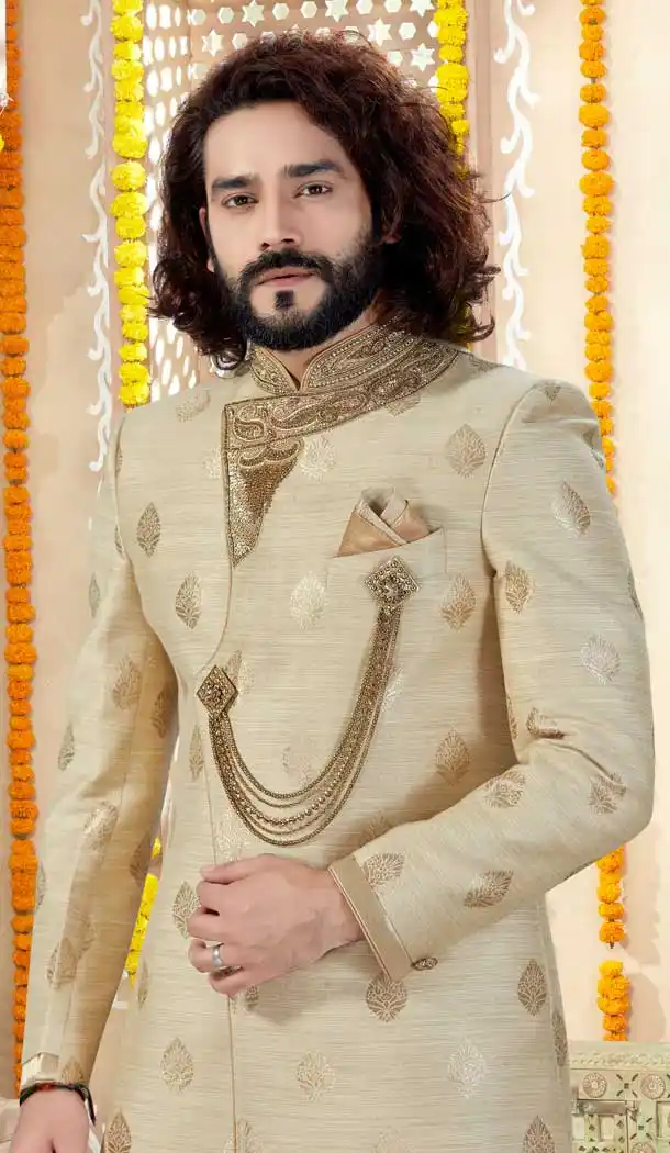 Cream Color Banarasi Silk Designer Indo Western Mens Sherwani -731690563