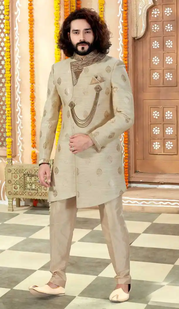 Cream Color Banarasi Silk Designer Indo Western Mens Sherwani -731690563