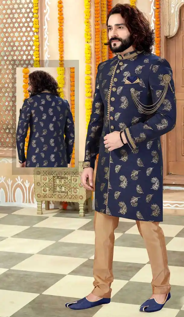 Charming Navy Blue Color Banarasi Silk Designer Indo Western Mens Sherwani -731690564