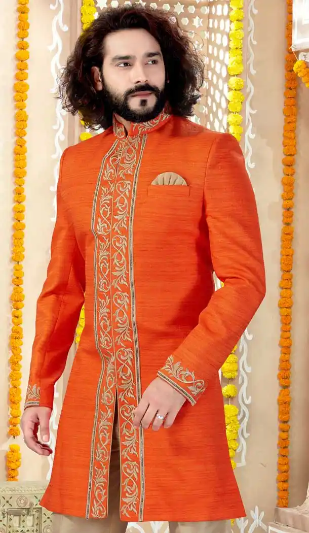 Ethnic Orange Color Banglore Silk Designer Indo Western Mens Sherwani -731690565